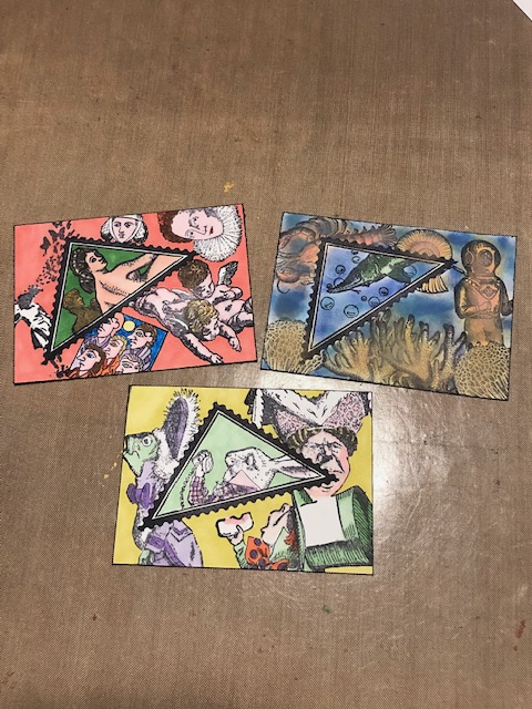 All three of the cards I made. Used alcohol pens on the art themed, and the Alice in Wonderland cards instead of the Oxides.